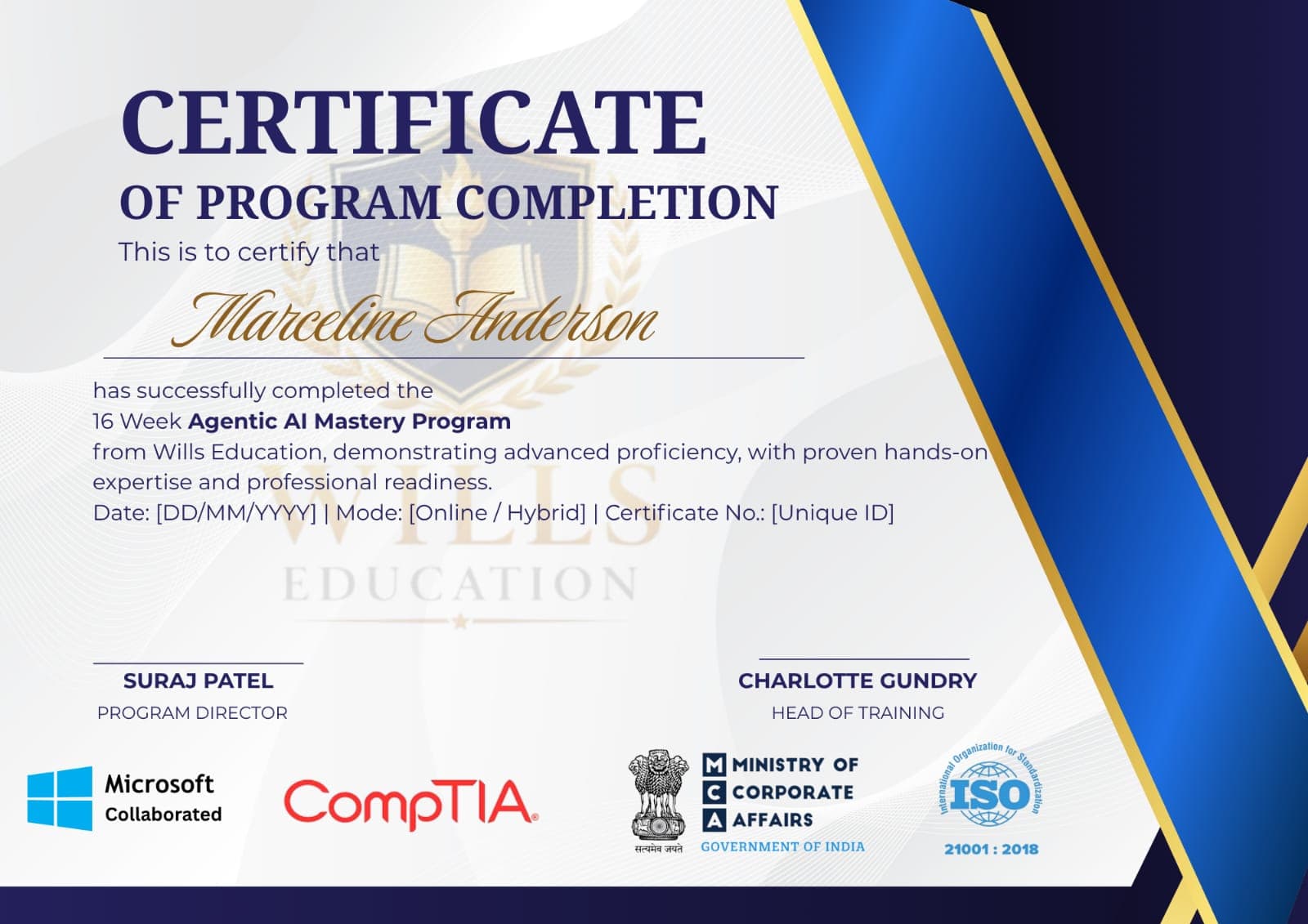 Sample Wills Education certificate of program completion